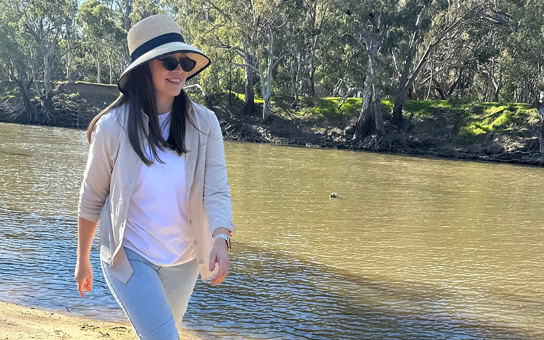 Felicity wears a Solbari sun hat and luxe sun wrap