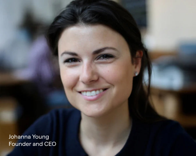 Woman smiling with text overlay 'Johanna Young Founder and CEO' in a blurred indoor setting