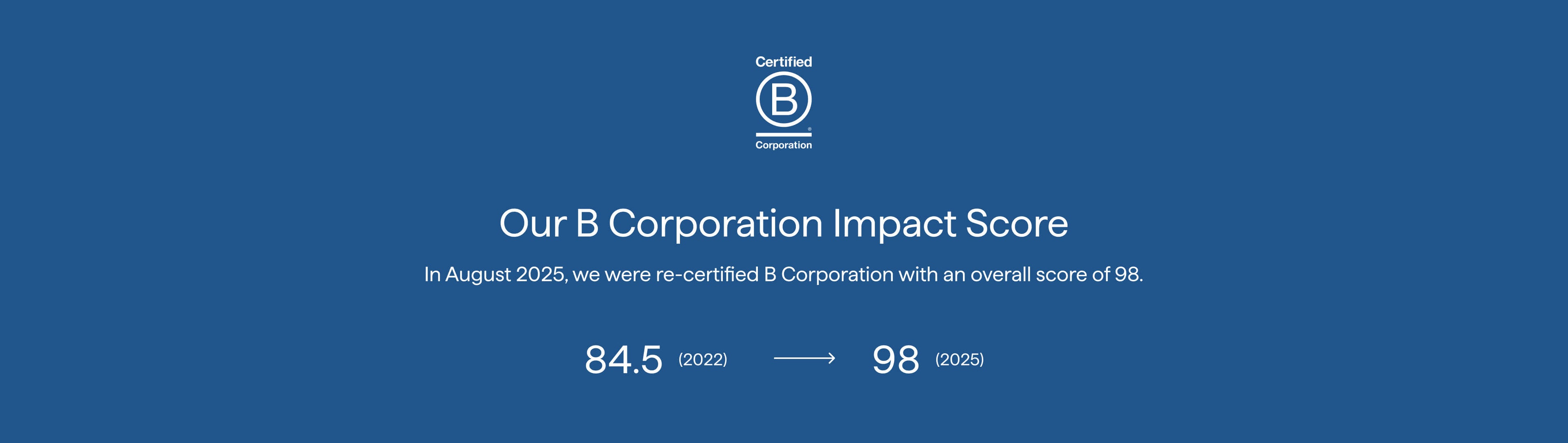 B Corporation impact score certification on a blue background