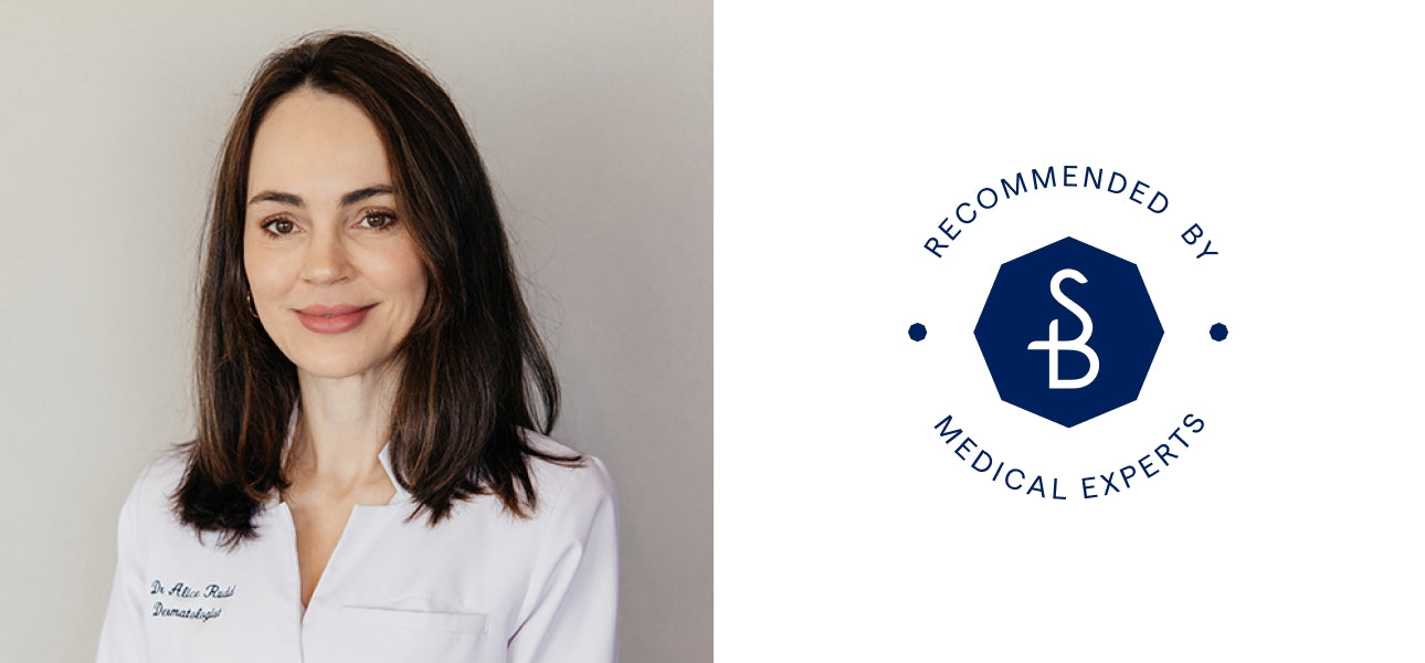 Woman in a white coat with a 'Recommended by Medical Experts' logo on a gray background