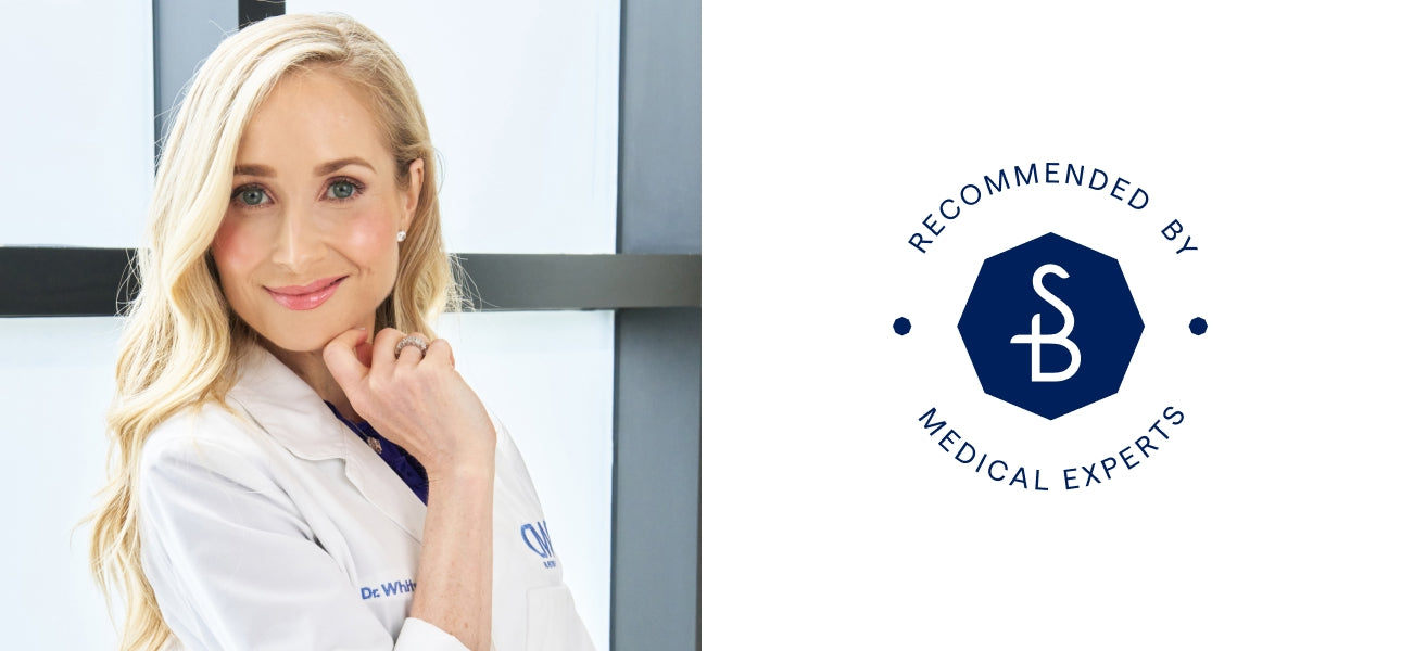 Woman in a white coat with a 'Recommended by Medical Experts' logo on a white background